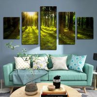 5ชิ้น Wall Art,ป่าและภูมิทัศน์ธรรมชาติแรงบันดาลใจ,โปสเตอร์ภาพวาดผ้าใบ,ภาพต้นไม้สีเขียว,5แผงห้องนั่งเล่นตกแต่งบ้าน