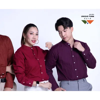 UNIQUEFORM เสื้อเชิ้ต แขนยาว/แขนสั้น คอจีน/คอปก สีแดง Maroon Shirt ผ้าอ้อกฟอร์ด (PURE Oxford Shirt)