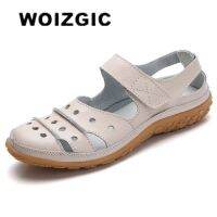 ❒☃  WOIZGIC Mother Womens Female Ladies Genuine Leather White Shoes Sandals Hook Loop Summer Cool Beach Hollow Soft LLX-9566