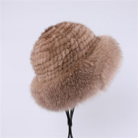 SUPPEV&amp;STTDIO Luxury Womens Winter Warm 100 Mink Fur Knitted Bucket Hat Fox Fur Trim Caps Top Beanies Hats