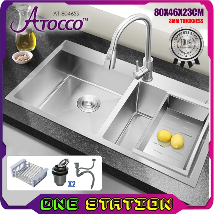 AT-8046SS Stainless Steel Double Bowl Kitchen Sink Sinki Dapur Nano Silver Satin Undermount Top Mount Basin Dapur 厨房水盆洗菜盆