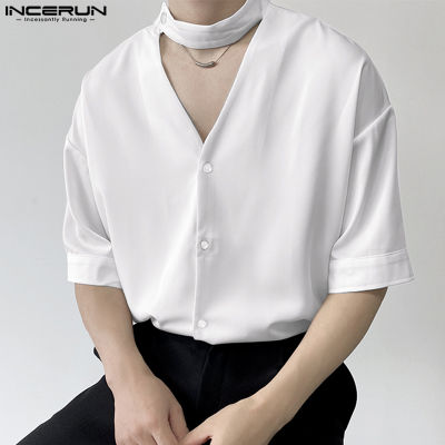 เสื้อคอวีผู้ชาย INCERUN เสื้อทรงหลวมติดกระดุมเสื้อเสื้อทรงพังก์เสื้อยืดเสื้อด้านบน (สไตล์เกาหลี)
