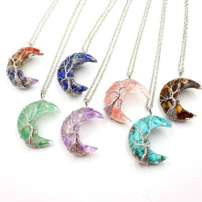 7 Chakras Tree of Life Necklace Wire Wrap Crescent Moon Crystal Pendants Chip Natural Stone Resin Quartz Pendant Chain Necklace