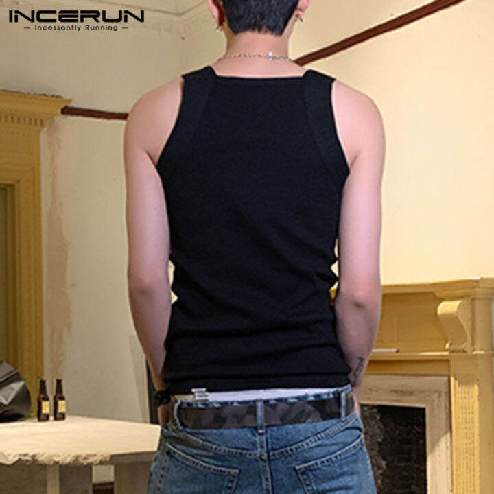 incerun-เสื้อแขนกุดเสื้อลำลองผู้ชายแขนยาวสำหรับผู้ชายเสื้อเสื้อกั๊กมีปกสี่เหลี่ยมพิมพ์ลาย-สไตล์เกาหลี