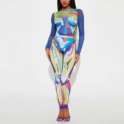 Creative fashion personality whimsy printed womens round neck long sleeve link splices body cultivate ones morality pants female feet pants suit
