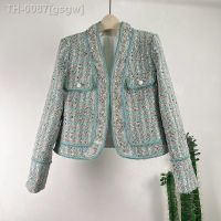 ❉۞⊙ gsgw Jaqueta frisada de Tweed feminino blazers gola V jaqueta curta retrô chique luxo novo indústria pesada fêmea outono inverno 2023