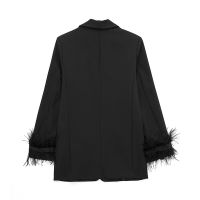 Splicing Feather Women Blazers Casual Single Button Long Sleeve Loose Jacket Coat Female Fashion Solid V Neck Blazer Tops