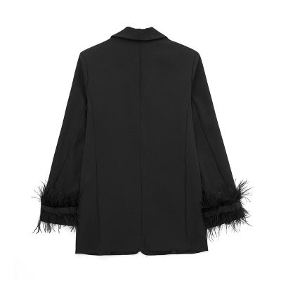 Splicing Feather Women Blazers Casual Single Button Long Sleeve Loose Jacket Coat Female Fashion Solid V Neck Blazer Tops