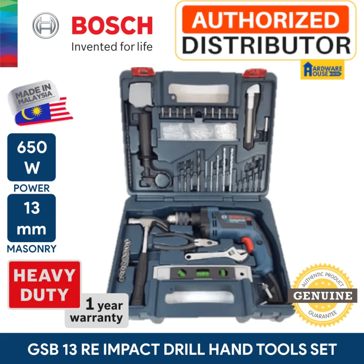 ORIGINAL Bosch GSB 13 RE Impact Drill Variable Speed DIY Set With Hand Tools Drill Bit Screwbit Accessories Kit in Hard Case For Wood Metal Concrete Masonry Tile Mini Hammer Drilling (BCRDTL)
