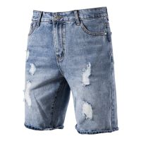 AIOPESON Cotton Hole Short Jeans Men Casual Streetwear Mid Waist Solid Color Denim Shorts for Men Summer Blue Mens Jeans Pants