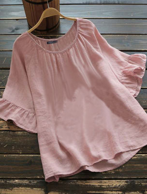 [In stock] Amazon ฤดูร้อนหลวม T เสื้อเชิ้ตผู้หญิงแนววินเทจสีล้วนผ้าฝ้ายผสมผ้าลินินลำลอง