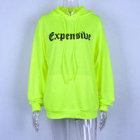 Autumn Warm Casual Women Hoodies Neon Green Loose Hooded Hoodies Letter Print Pockets Long Pullovers Lady Streetwear GV645