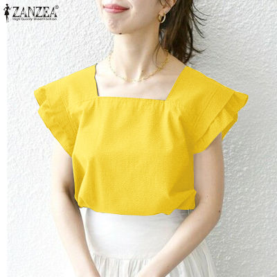 (สินค้ามาใหม่)(จัดส่งฟรี)Fancystyle ZANZEA เสื้อสเวตเตอร์คอกลมแขนสั้นแบบย่นเสื้อบนทรงหลวมลำลองสีทึบ #8