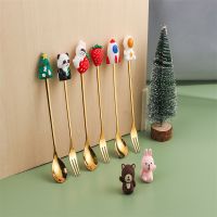 2PCS Christmas Gift Cutlery Spoon Fork Set Elk Christmas Tree Decoration Dessert Spoon Fruit Fork Coffee Spoon Cutlery Gift