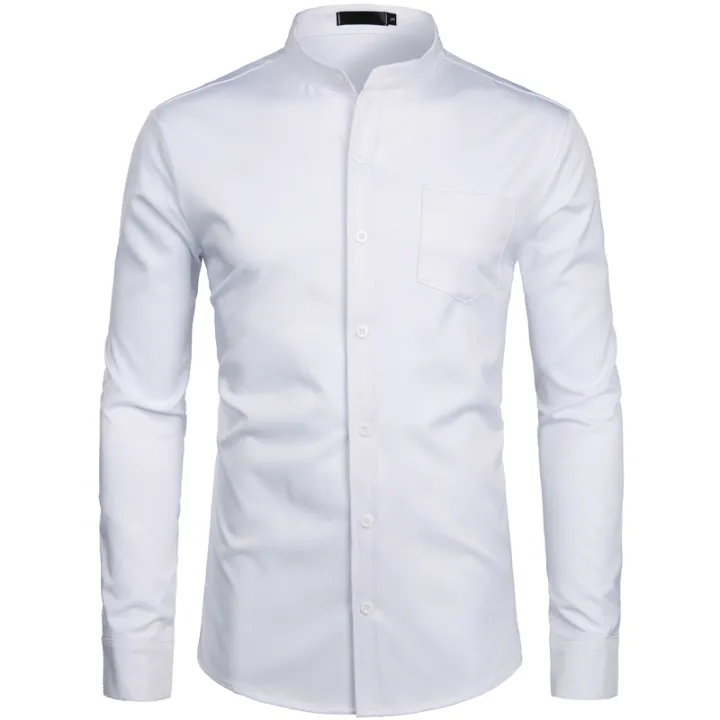 Men's Royal Blue Dress Shirts 2022 nd Banded Mandarin Collar Shirt Male Long Sleeve Casual