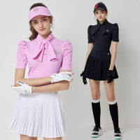 Blktee Lady Quick-Dry Golf เสื้อพัฟแขนสั้นเสื้อยืดผู้หญิงสูงเอว Skort กระโปรงจีบชุดกีฬาเสื้อ Bow Tie