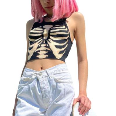 ‘；’ Womens Rib Knit Tank Tops, Trendy Sleeveless Round Neck Skeleton Print Crop Tops