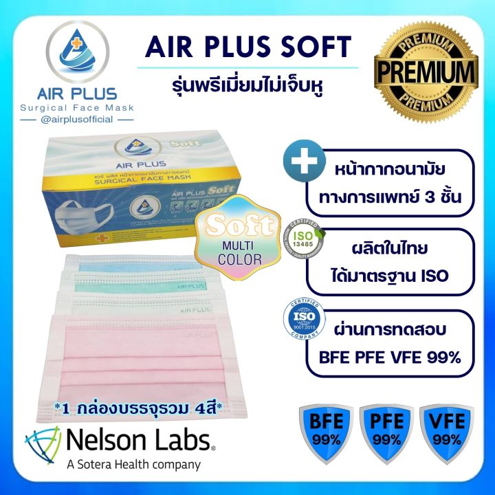 หน้ากากอนามัยรุ่นซอฟท์-ไม่เจ็บหู-งานคุณภาพผลิตในไทย-มีอย-air-plus-soft-premium-mask-หน้ากากอนามัยรุ่นพรีเมี่ยม-1-กล่องบรรจุ-40ชิ้น