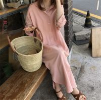 ₪◇❁ LANMREM 2023 new korea styles turn down collar striped single breasted loose long polyester shirt dress female vestido WL30717