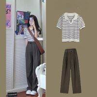 【DT】hot！ New Korean Version Womens Fashion Striped Polo Knitted Short-sleeved   Wide-leg Pants Piece Set