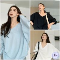 ?Korea NEW เสื้อยืดแขนยาวคอวี ทรงตัวใหญ่แบบเท่ๆ สีพื้นมินิมอล 3 สี