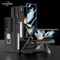 AUOVIEE เคสเกราะกันกระแทกสำหรับ Samsung Galaxy Z Fold 4 5G Fold4บานพับแม่เหล็กฝาปิดเลนส์สไลด์พร้อมห่วงและขาตั้งที่วางปากกา