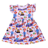 Wholesales Girls Dress Ruffle Sleeve Kids Cartoon Boutique Dress Milk Silk Children Birthday Party Cue Dress