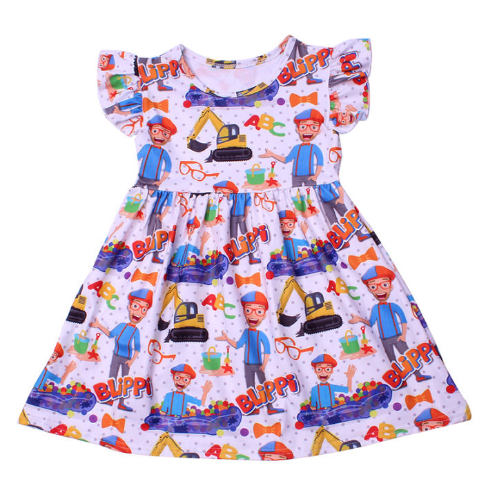 wholesales-girls-dress-ruffle-sleeve-kids-cartoon-boutique-dress-milk-silk-children-birthday-party-cue-dress