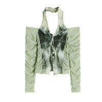 New Autumn Vintage Gauze Hollow V-Neck Off-Shoulder Green Tie Dyed E-girl Crop Tops Womens Party Club Sexy T-Shirt Female