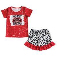 Summer Boutique Girls Clothing Sets HOWDYHEIFER Cow Head Red Short Sleeve Cow Lace Shorts Suit