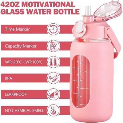 64Oz Glass Water Bottles with Straw, Glass Bottle with Silicone Sleeve and Time Marker, for Gym Home Office