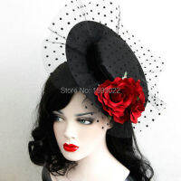 Black Lady Women Hat Hair Clip Victorian Veil Rose Headdress Cocktail Wedding Party Church Prom Headpiece