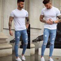 GanGdun New mens tight denim ground white and worn small foot slimming jeans