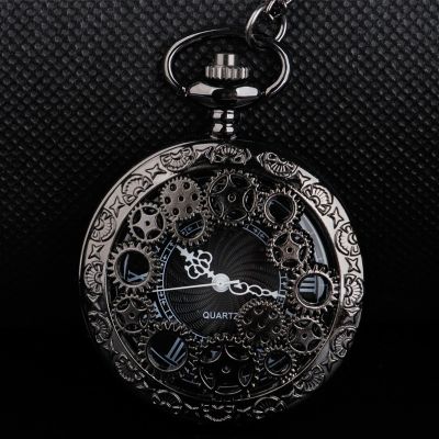 เกียร์กลวงดีไซน์แป้นเลขโรมันควอตซ์นาฬิกาพกสีดำเท่นาฬิกาผู้หญิงผู้ชายสไตล์ธุรกิจพร้อมของขวัญโซ่