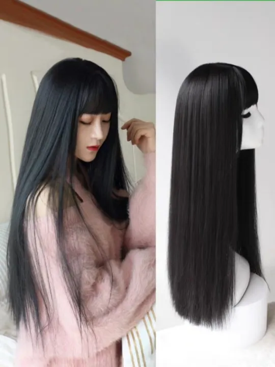 65cm women wig Female Long straight black hair Air bangs Full hair | Lazada  Singapore