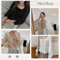 Mira-shop เสื้อครอปแขนยาวผูกโบว์หน้าน่ารัก เสื้อครอป   361#