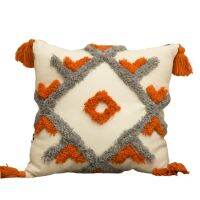 Nordic Style Orange Gray Tufted Throw Pillow Case with Tassel Boho Woven Embroidery Geometric Striped Decorative Square Cushion