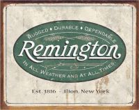 ป้ายดีบุกโลโก้ Remington Weathered ย้อนยุคโลหะตกแต่งผนังสไตล์ผลิตในสหรัฐ