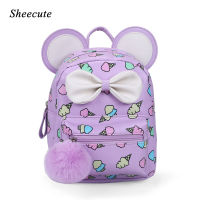 Kids Backpacks Leather Bags Waterproof Childrens School Bag Cute Round Ears Bow Girls Backpacks Ice Cream Printed Backpack