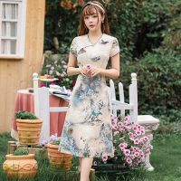 【 Bebo 】2023 Summer V-neck Aodai Cheongsam Beige Green Literary Tang Suit New Chinese Style Improved Vintage Qipao Dress for Women