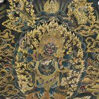 35 "Thangka เย็บปักถักร้อยพุทธศาสนาในทิเบตเย็บปักถักร้อยผ้าไหมสีดำ Jambhala หกแขน Mahakala Thangka แขวนหน้าจอ Town House