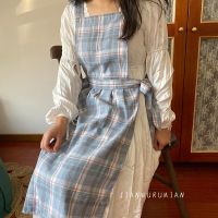 ♣ Han edition style grid braces work cooking apron female household kitchen lovely Japanese pure cotton apron