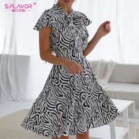 S. Rasa Gaun Midi Tanpa Lengan Ruffle Musim กึ่ง Musim Panas Wanita Cetak Garis Zebra Gaun Kasual A-Line Dengan Sabuk