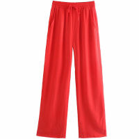 Aonibeier Thin Style Summer Women Casual Trousers Fashion Drawstring Detail Elastic High Waist Straight Pants Female Bottoms Red