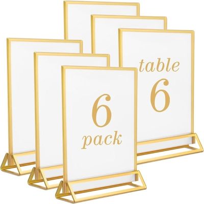 Clear Acrylic Wedding Table Number Stand with Gold Borders Picture Frame Sign Holder for Table Menu Recipe Cards Photo Display