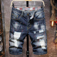 ผู้ชาย Graffiti Ripped กางเกงยีนส์สั้น2023ฤดูร้อนใหม่แฟชั่น Casual Slim Big Hole R สไตล์ Denim กางเกงขาสั้นชายเสื้อผ้า