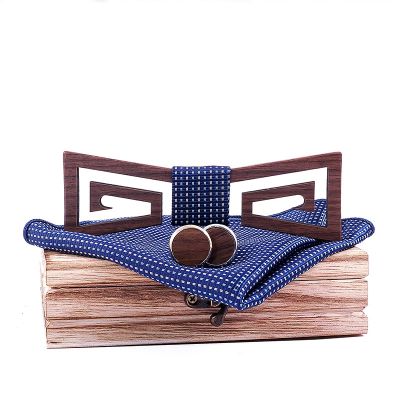 Sitonjwly Mens Hollow Wooden Bow Ties Set for Wedding Business Butterfly Wood Bowties Polyester Handkerchief Wood Cufflinks Set