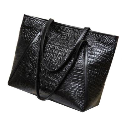 กระเป๋าหนังจระเข้กระเป๋าถือความจุขนาดใหญ่สุภาพสตรีแบบเรียบง่ายแฟชั่นใหม่กระเป๋าสะพายหนัง PU (สีดำ)