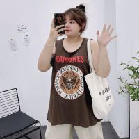 COD DSFERGWETERW Fashion plus size casual wear loose fat MM150 round neck printed camisole women summer bottoming shirt tide 100 kg