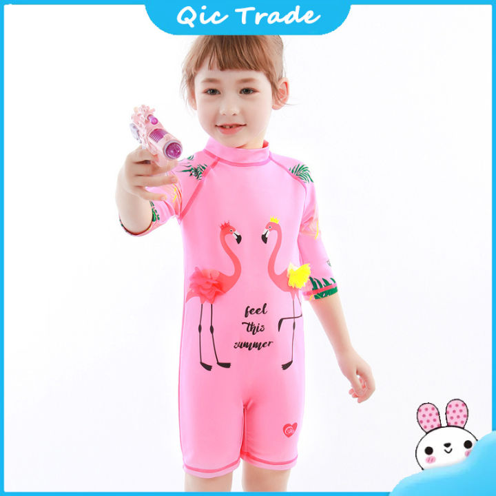 new-arrival-2pcs-set-baby-girls-cartoon-one-piece-swimsuit-sun-hat-long-sleeved-back-zip-stand-up-collar-sunsuit-swimwear-bathing-suit-with-hat